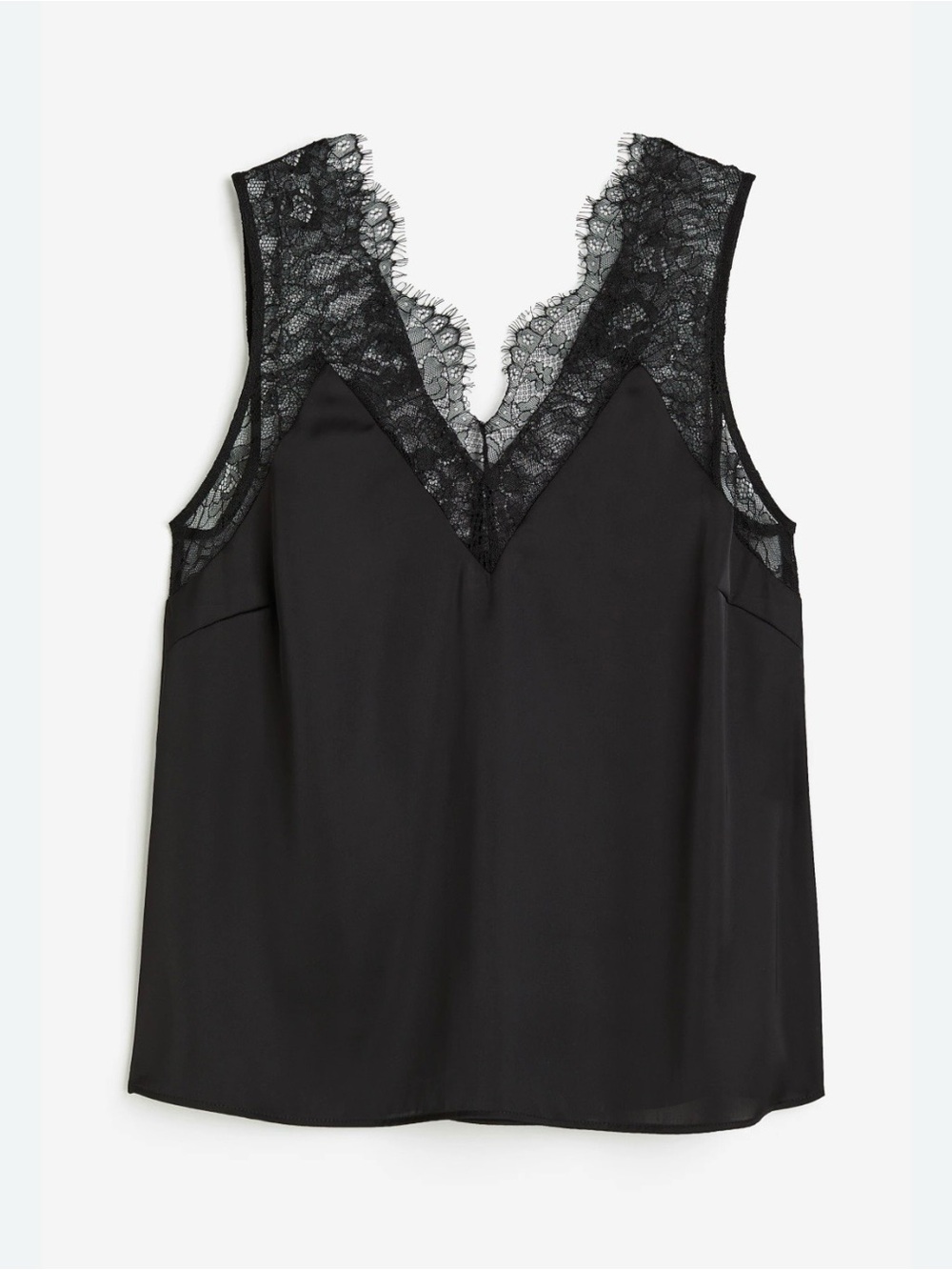 H&M Black Lace-Trim Satin Tank Top Classic Sleek Top Size Large